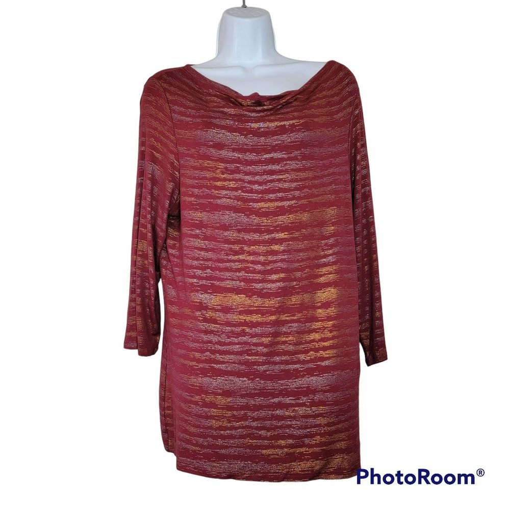 Coldwater Creek Women's L  Brick Red w/Metalic Silver & Gold Stripes Knit EUC